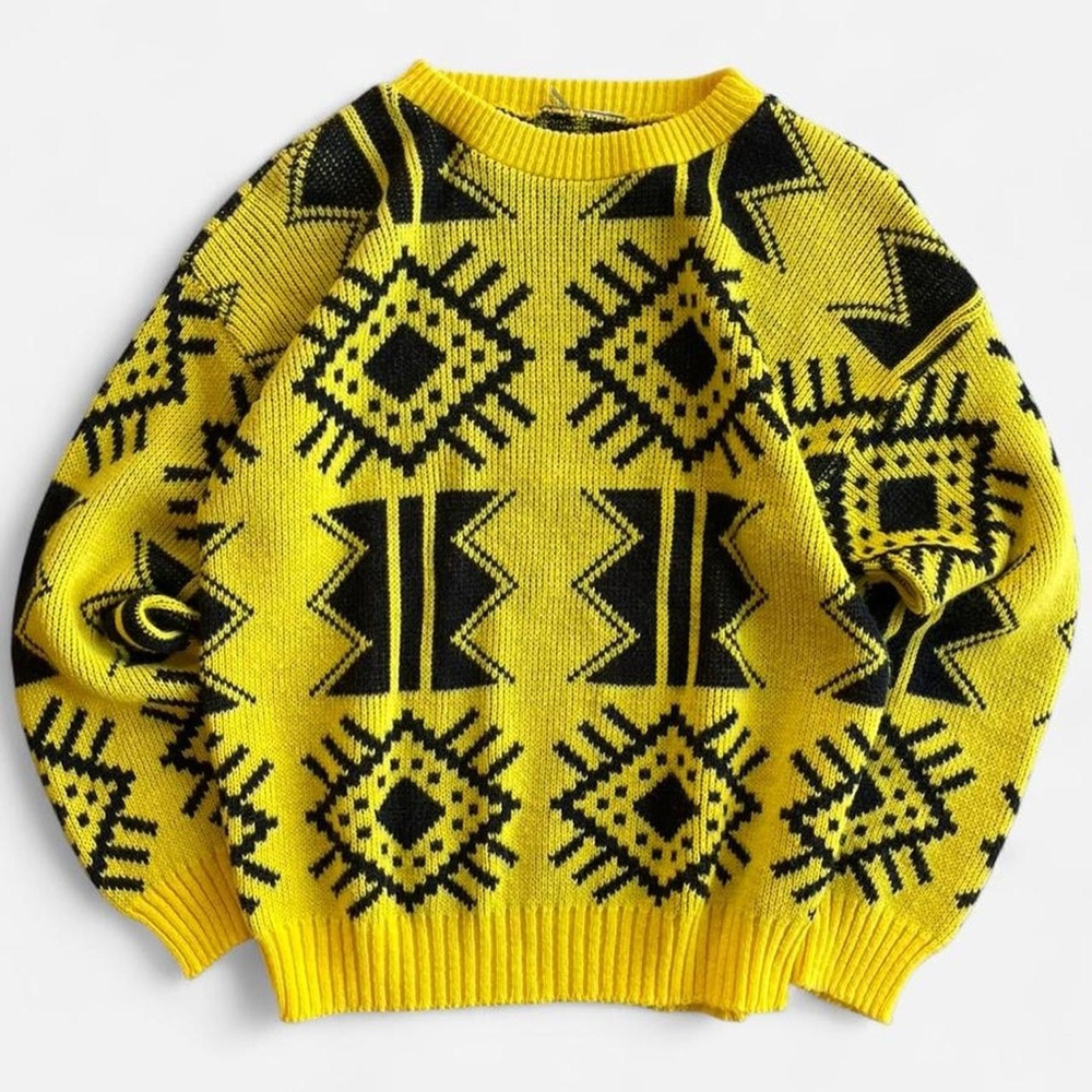 Vintage Retro Yellow and Black Geometric Aztec Funky Design Pullover Sweater - Picture 2 of 6